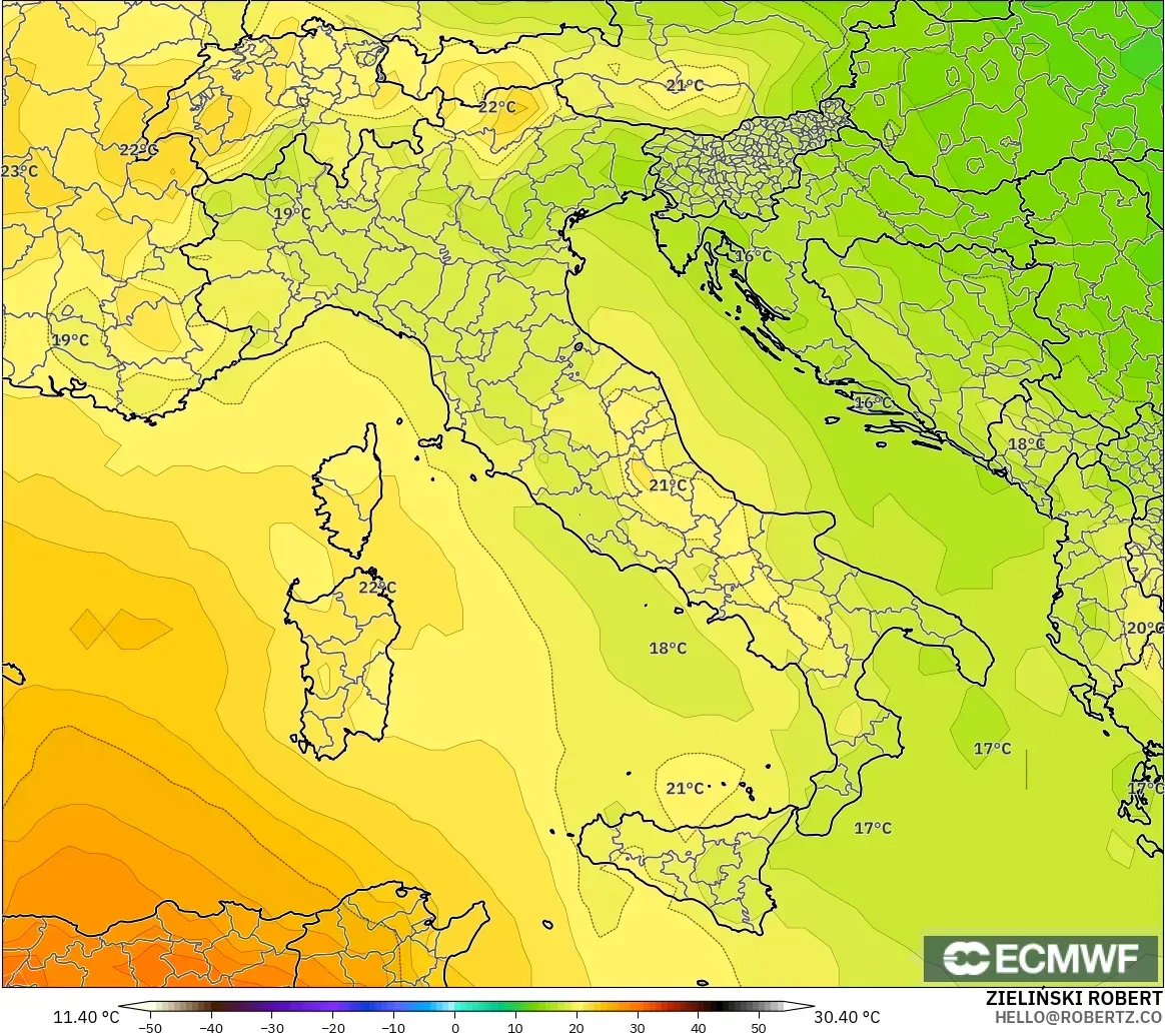 ECMWF IFS 0.25° modelo - Italia, Temperatura a 850 hPa