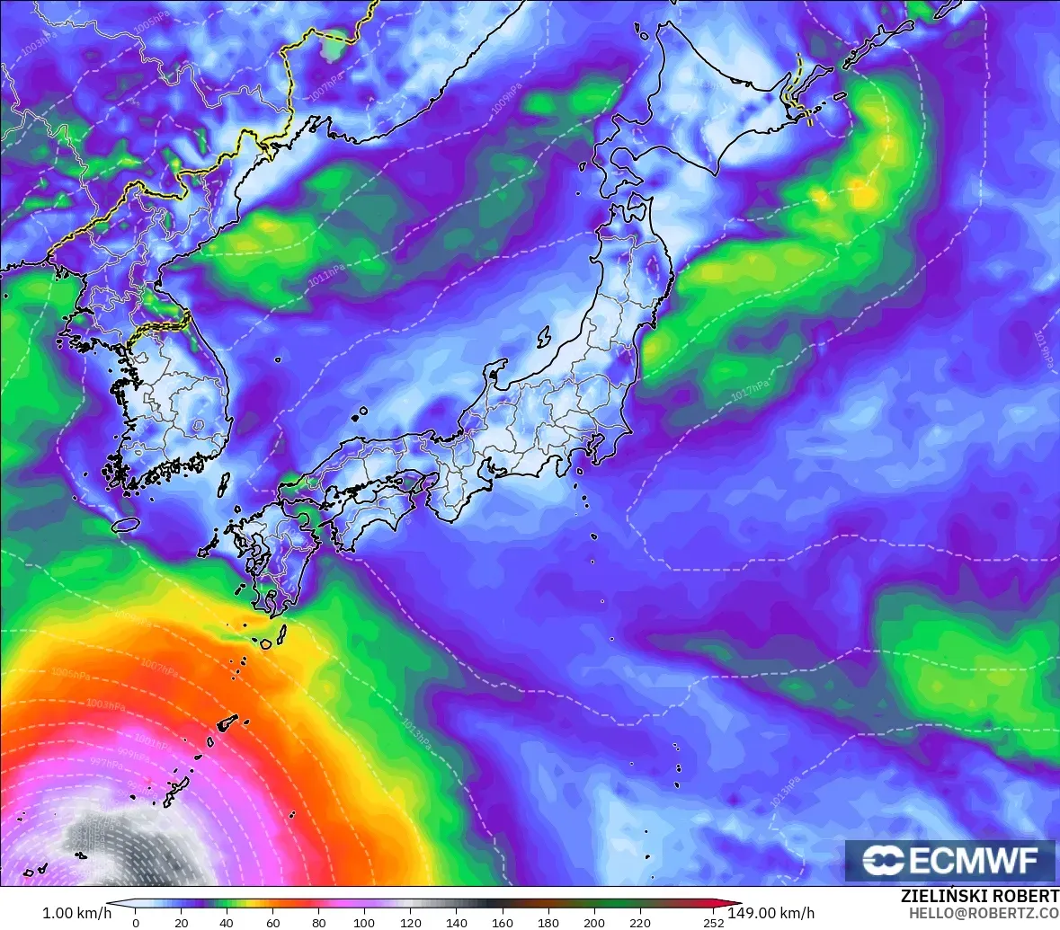 ECMWF IFS 0.25° modelo - Japón, Ráfagas de Viento Máximas