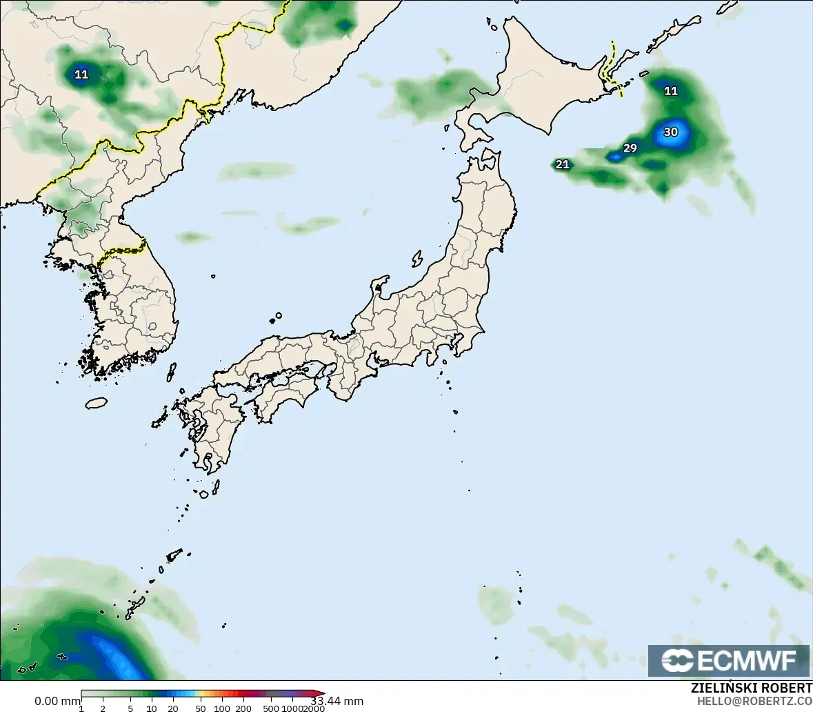 ECMWF IFS 0.25° modelo - Japón, Acumulación de precipitación
