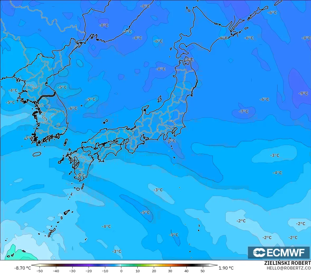 ECMWF IFS 0.25° modelo - Japón, Temperatura a 500 hPa