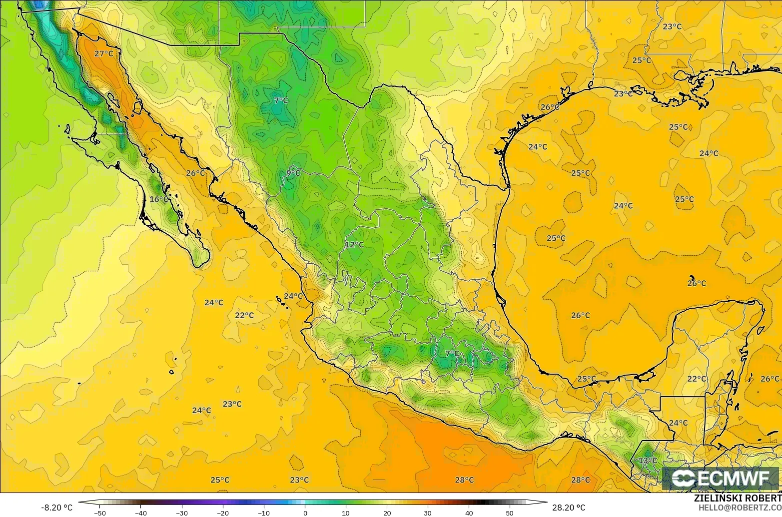 ECMWF IFS 0.25° modelo - México, Punto de rocío a 2 m
