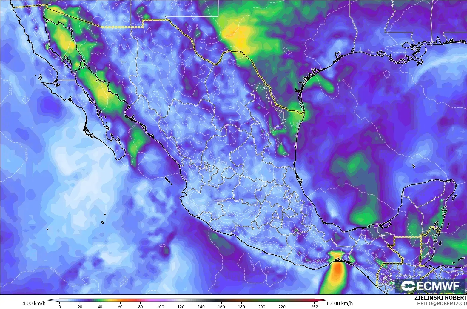 ECMWF IFS 0.25° modelo - México, Ráfagas de Viento Máximas