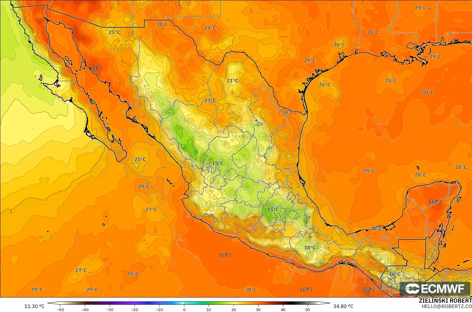 ECMWF IFS 0.25° modelo - México, Temperatura a 2 m