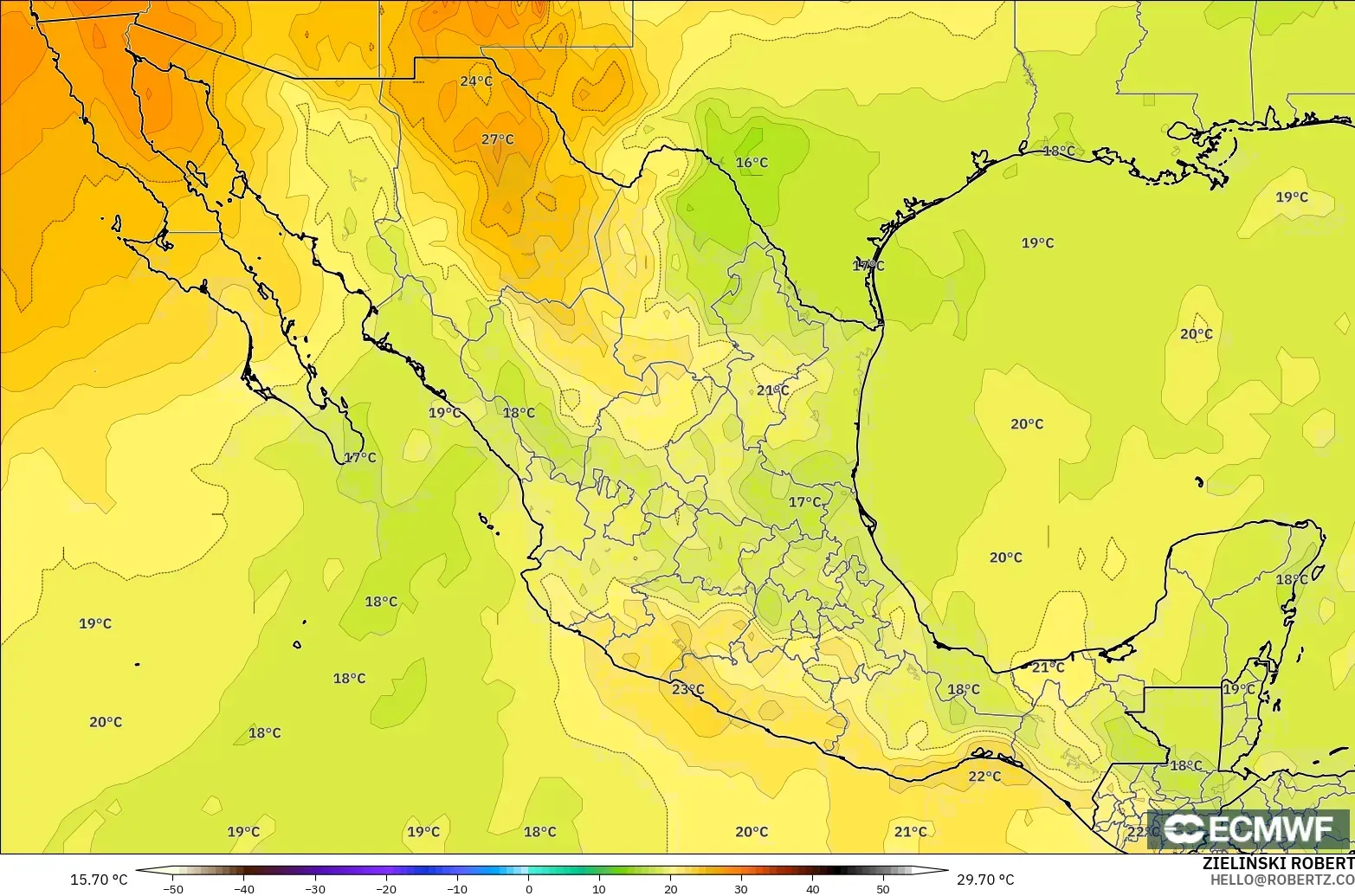 ECMWF IFS 0.25° modelo - México, Temperatura a 850 hPa