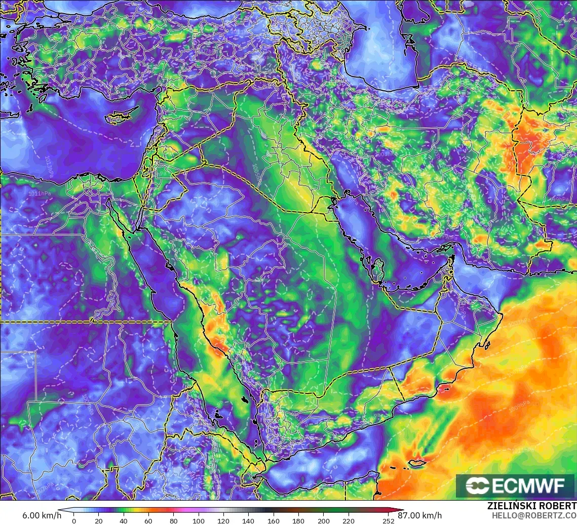 ECMWF IFS 0.25° modelo - Oriente Medio, Ráfagas de Viento Máximas