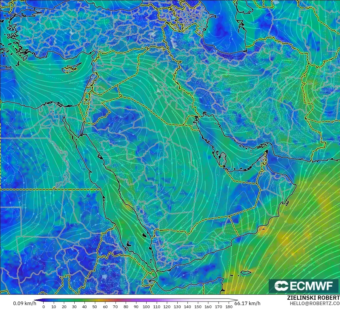ECMWF IFS 0.25° modelo - Oriente Medio, Viento a 10 m