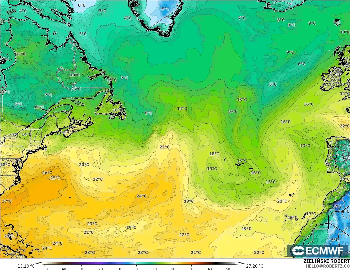 ECMWF IFS 0.25° modelo - Norte Atlántico, Punto de rocío a 2 m