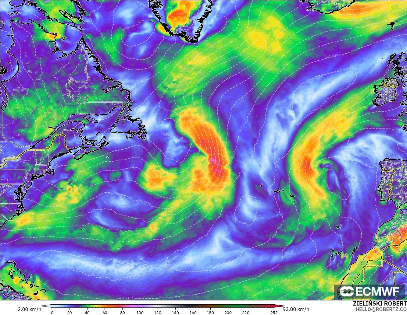 ECMWF IFS 0.25° modelo - Norte Atlántico, Ráfagas de Viento Máximas