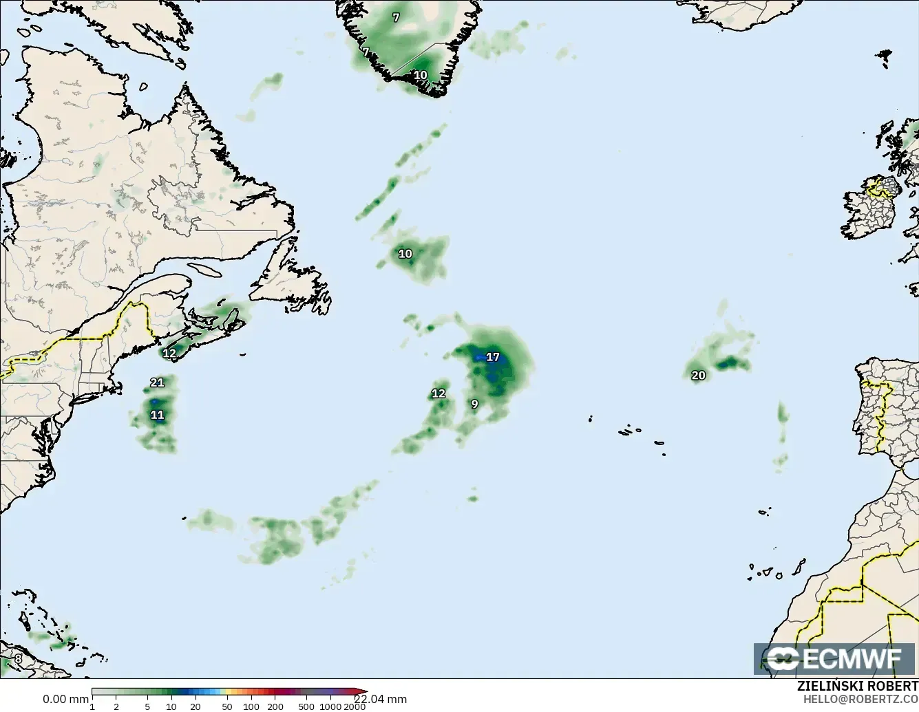 ECMWF IFS 0.25° modelo - Norte Atlántico, Acumulación de precipitación