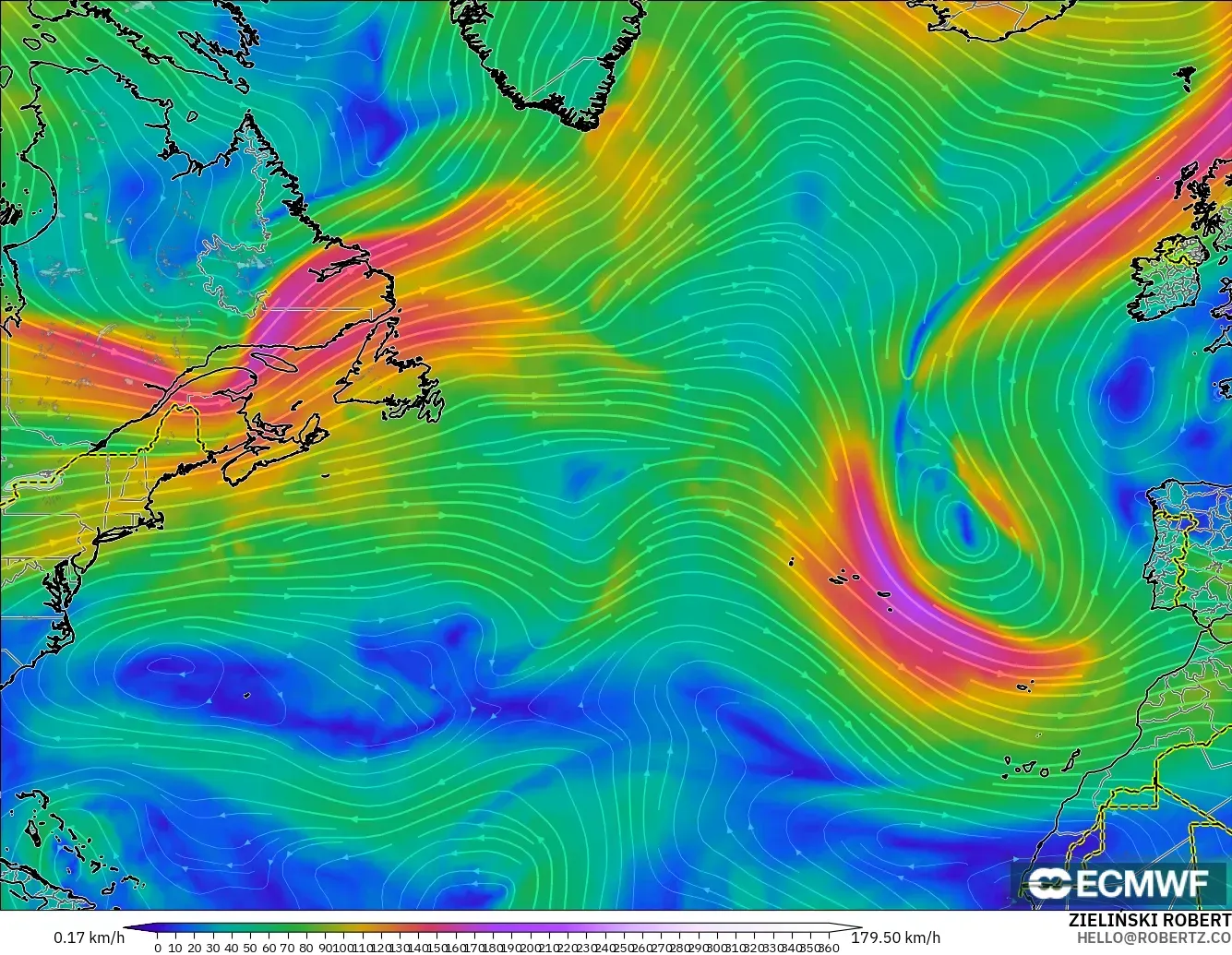 ECMWF IFS 0.25° modelo - Norte Atlántico, Viento a 300 hPa (corriente en chorro)