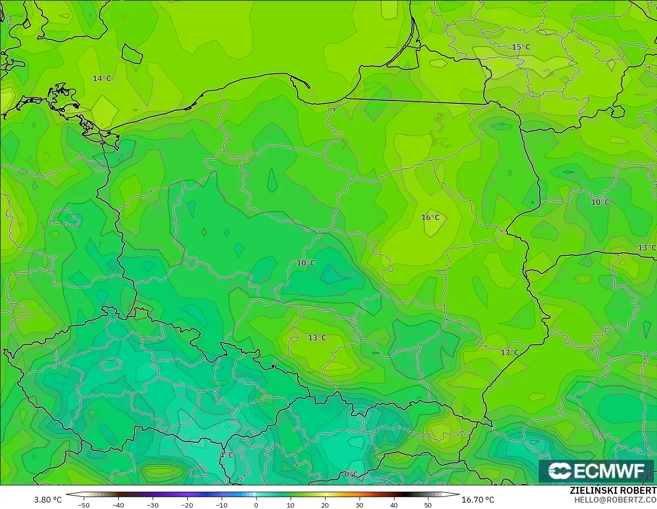 ECMWF IFS 0.25° modelo - Polonia, Punto de rocío a 2 m