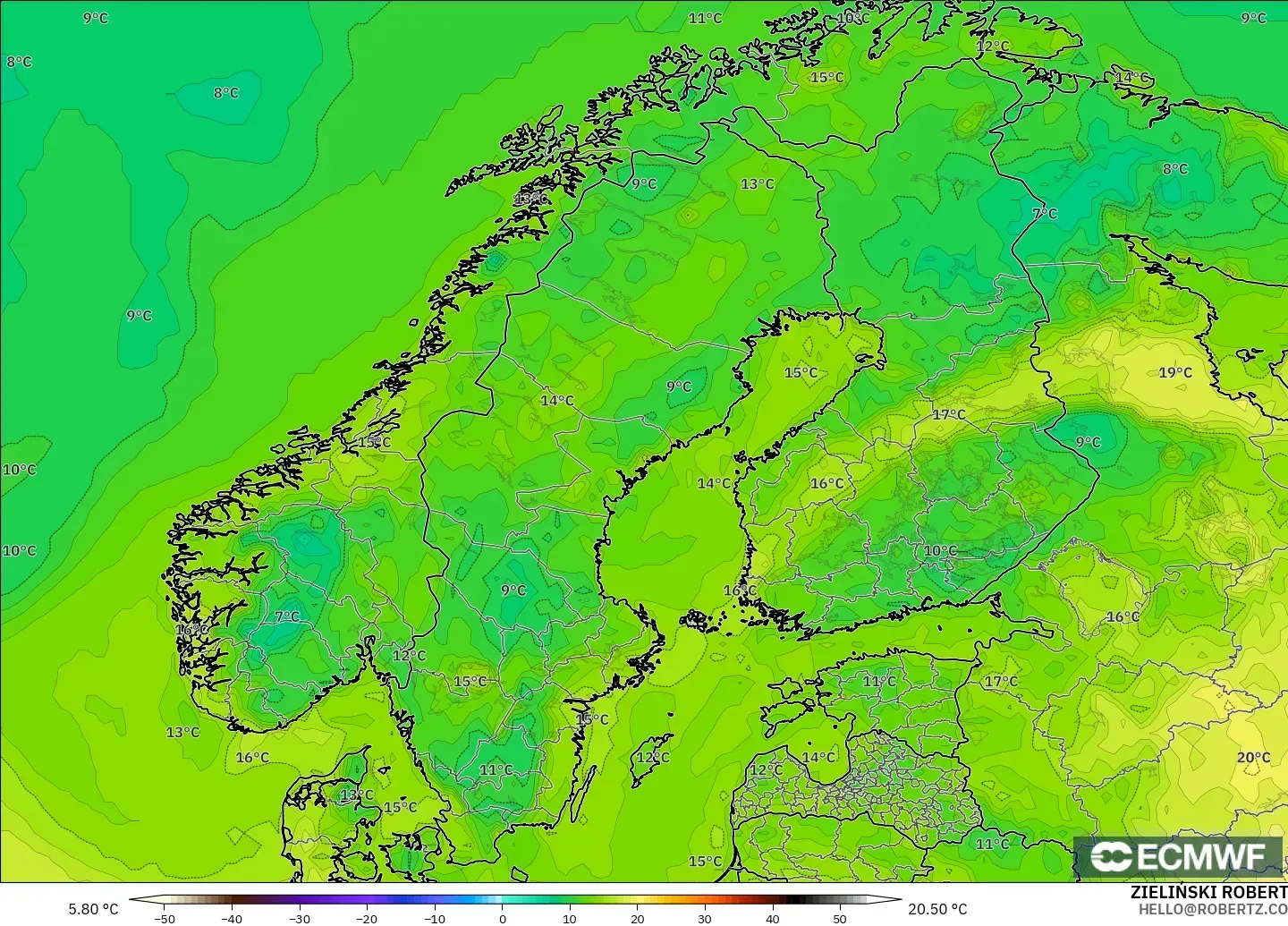 ECMWF IFS 0.25° modelo - Escandinavia, Punto de rocío a 2 m