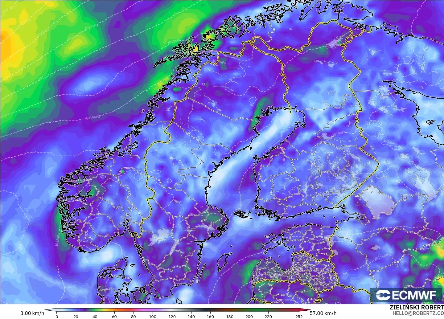 ECMWF IFS 0.25° modelo - Escandinavia, Ráfagas de Viento Máximas