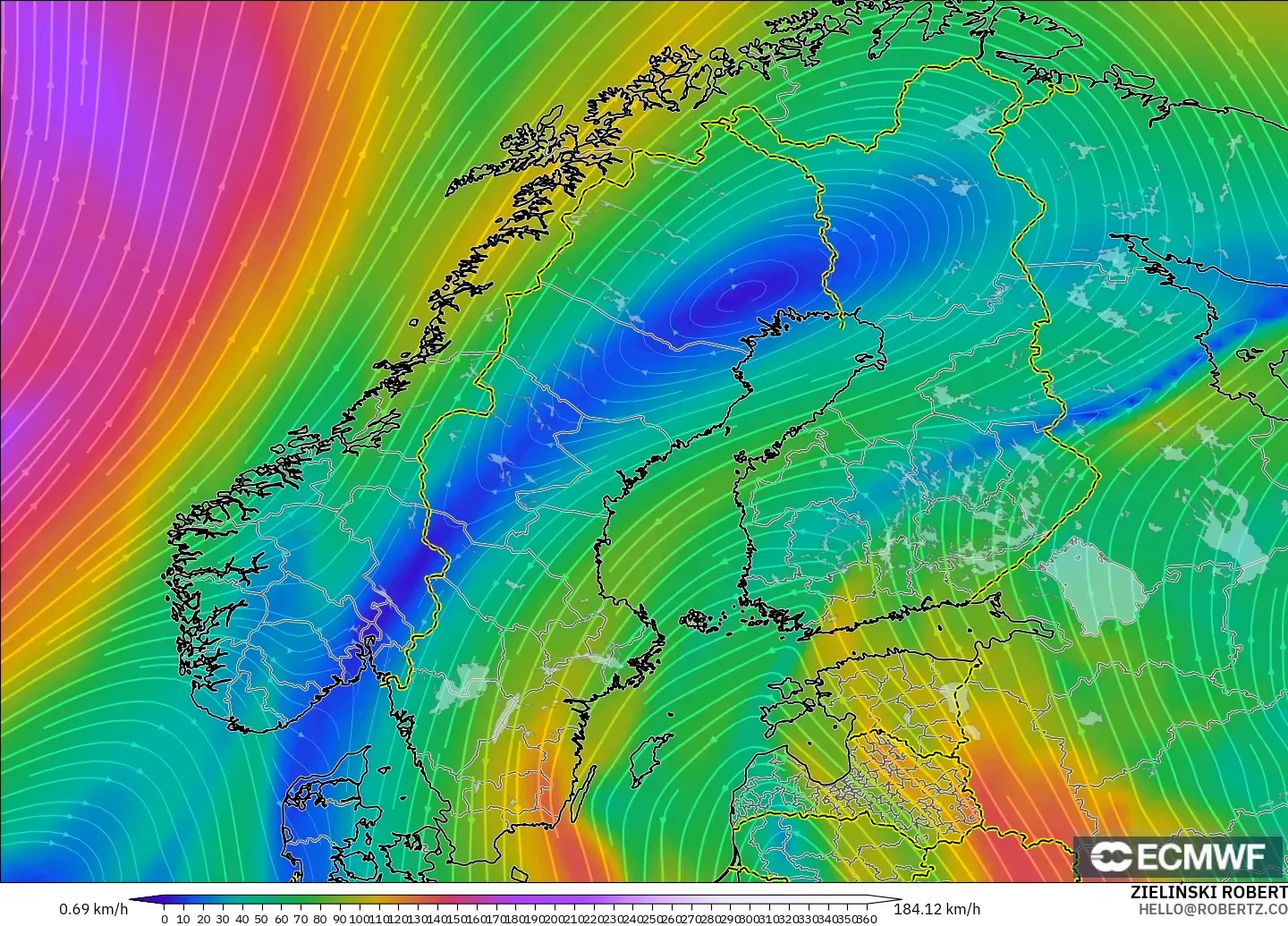 ECMWF IFS 0.25° modelo - Escandinavia, Viento a 300 hPa (corriente en chorro)