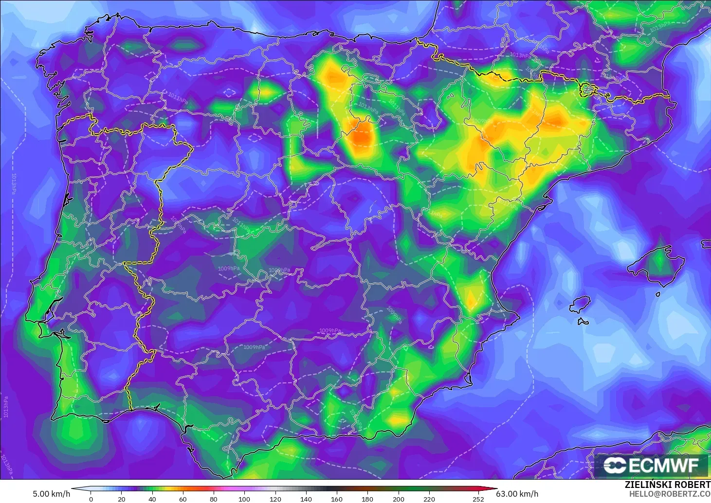 ECMWF IFS 0.25° modelo - España, Ráfagas de Viento Máximas