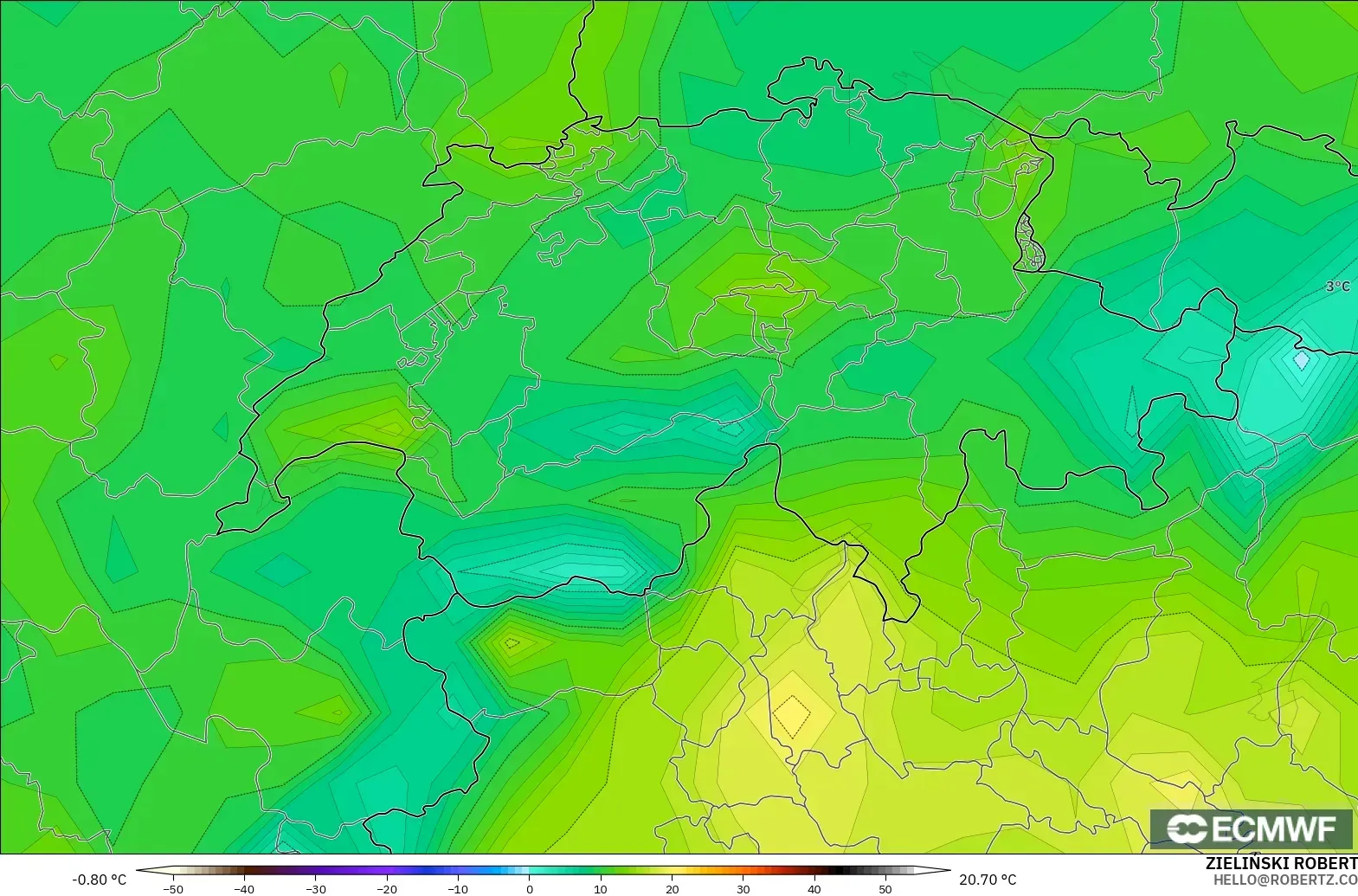 ECMWF IFS 0.25° modelo - Suiza, Punto de rocío a 2 m