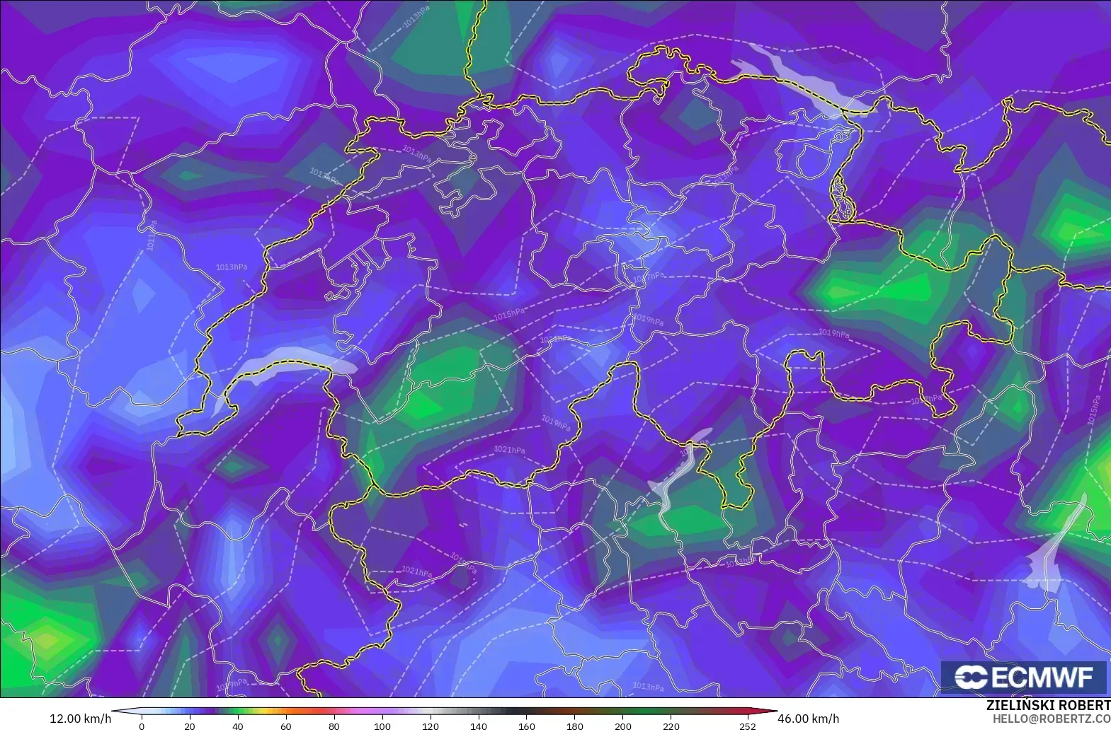 ECMWF IFS 0.25° modelo - Suiza, Ráfagas de Viento Máximas