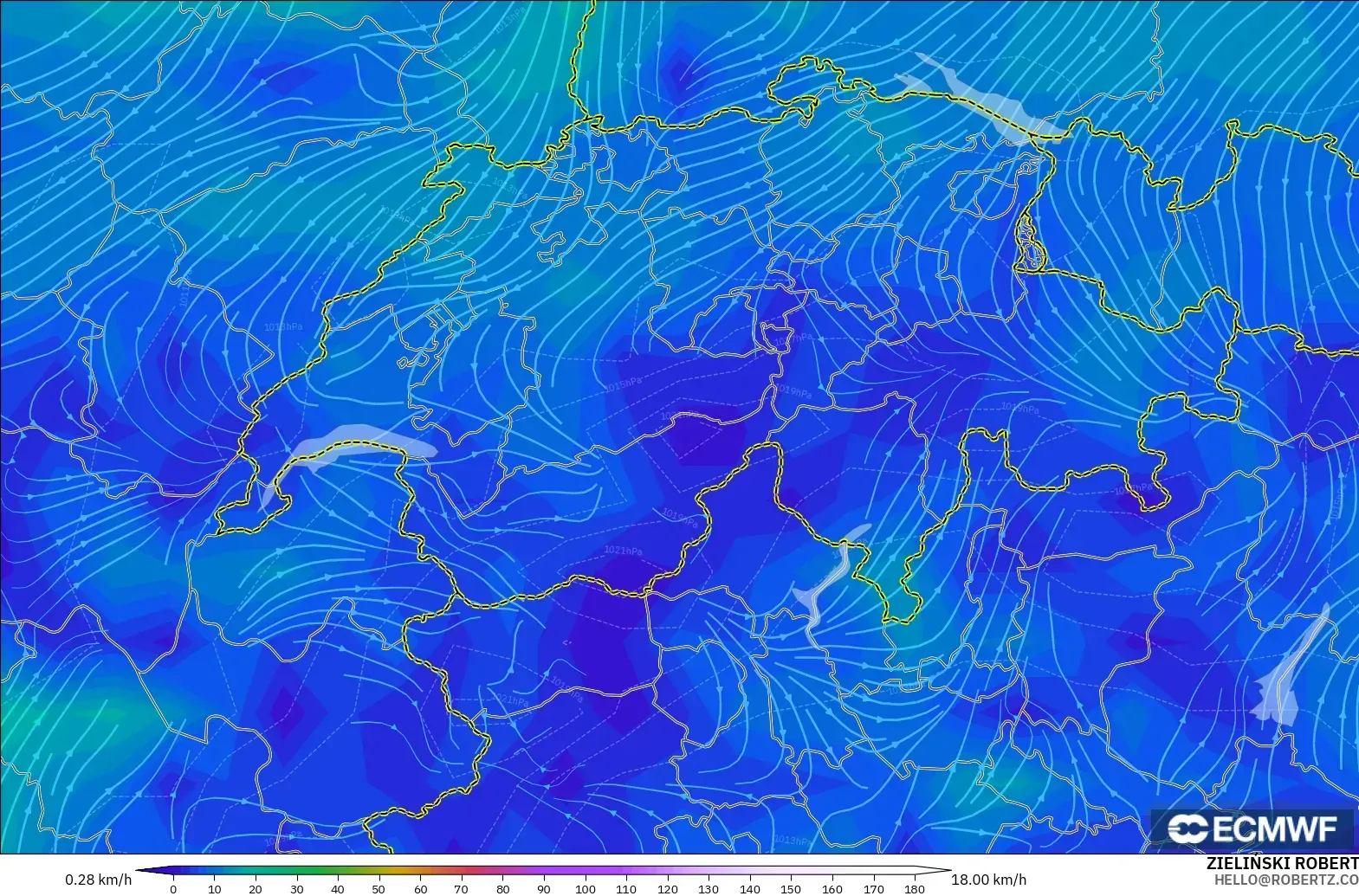 ECMWF IFS 0.25° modelo - Suiza, Viento a 10 m
