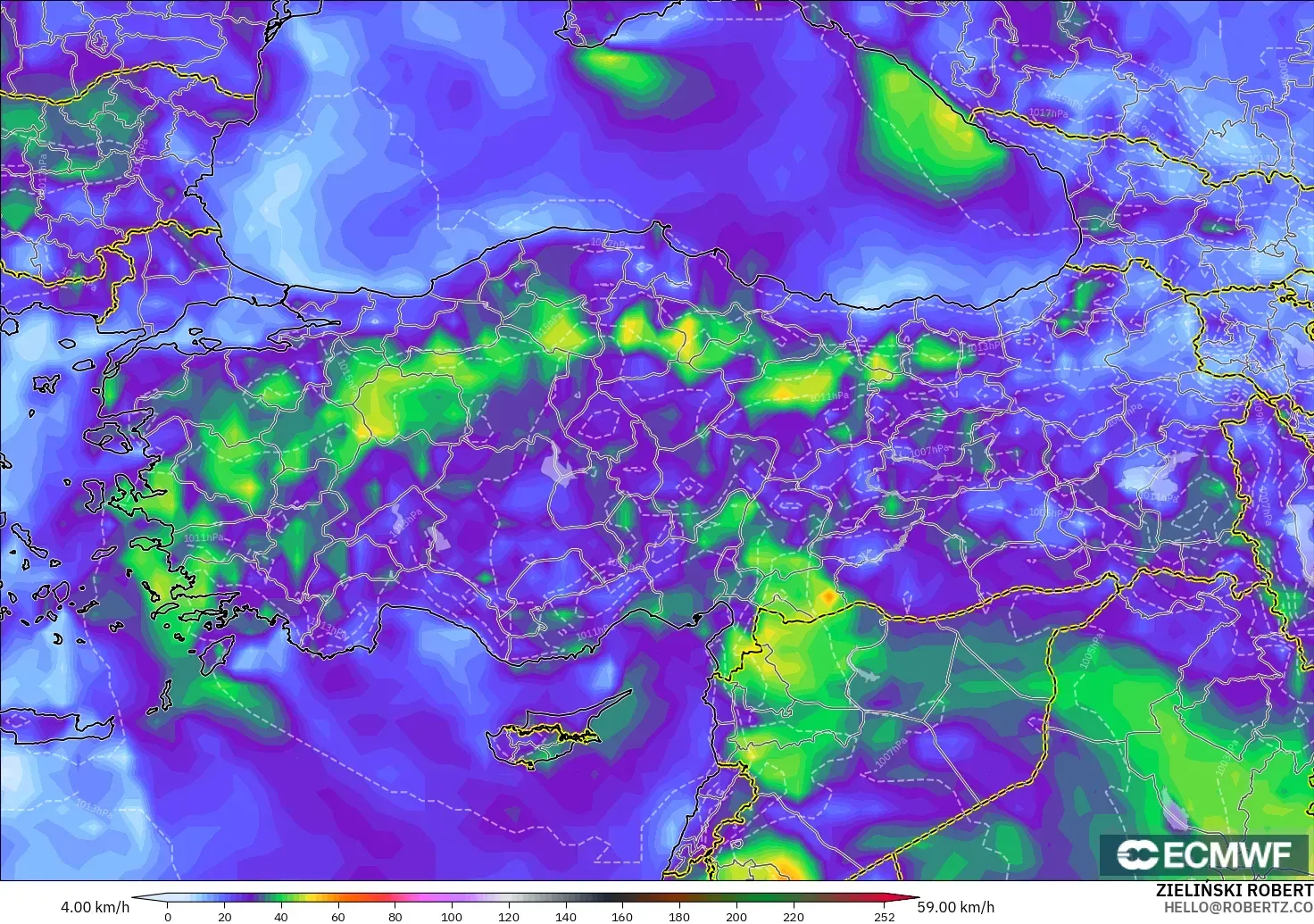ECMWF IFS 0.25° modelo - Turquía, Ráfagas de viento