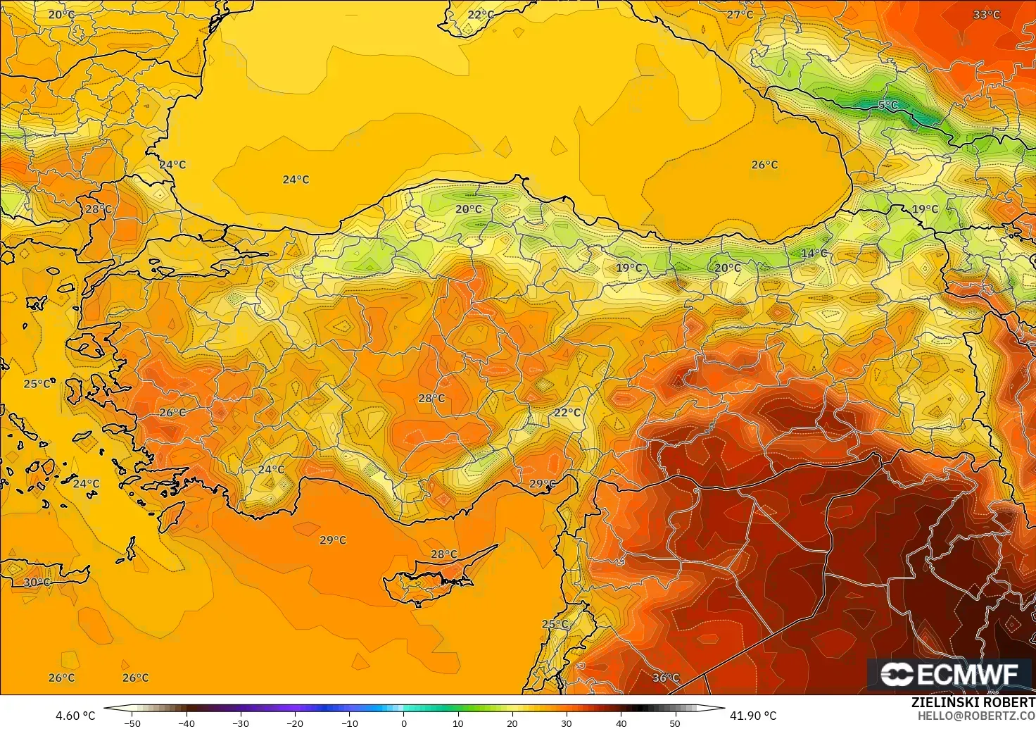 ECMWF IFS 0.25° modelo - Turquía, Temperatura a 2 m