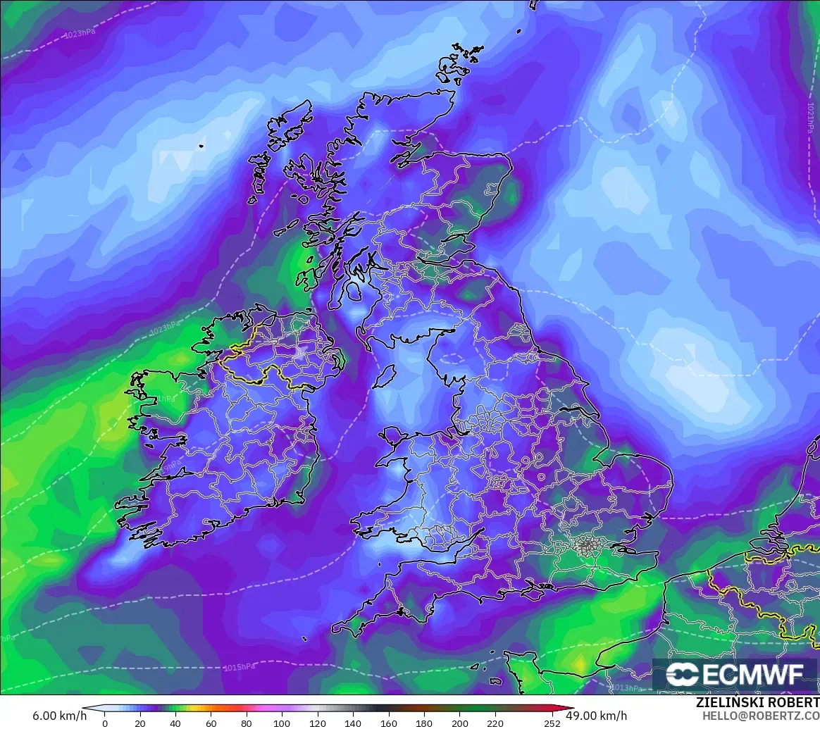 ECMWF IFS 0.25° modelo - Reino Unido, Ráfagas de Viento Máximas