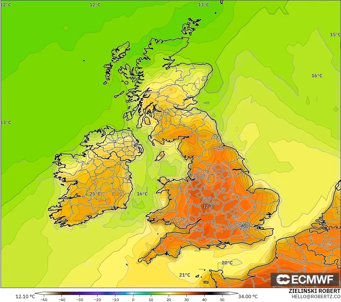 ECMWF IFS 0.25° modelo - Reino Unido, Temperatura a 2 m