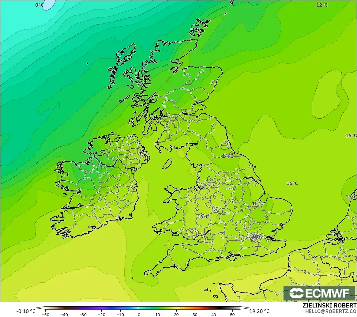 ECMWF IFS 0.25° modelo - Reino Unido, Temperatura a 850 hPa