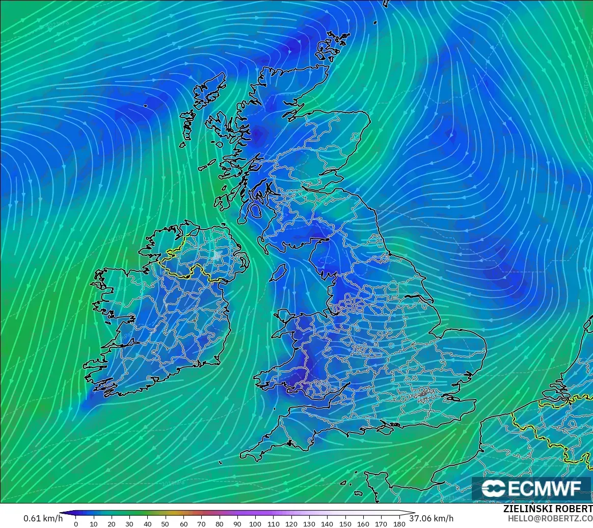 ECMWF IFS 0.25° modelo - Reino Unido, Viento a 10 m
