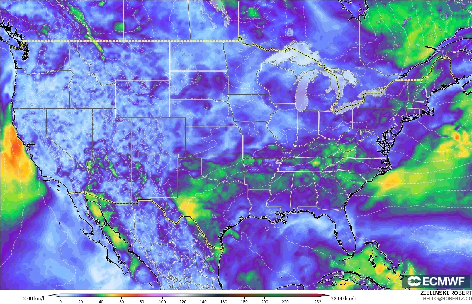ECMWF IFS 0.25° modelo - Estados Unidos, Ráfagas de viento