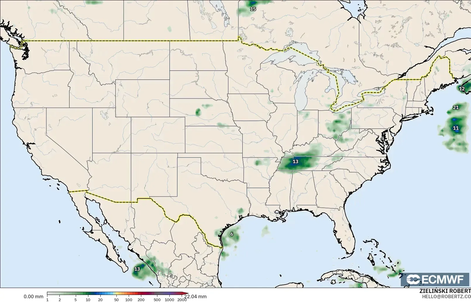 ECMWF IFS 0.25° modelo - Estados Unidos, Acumulación de precipitación