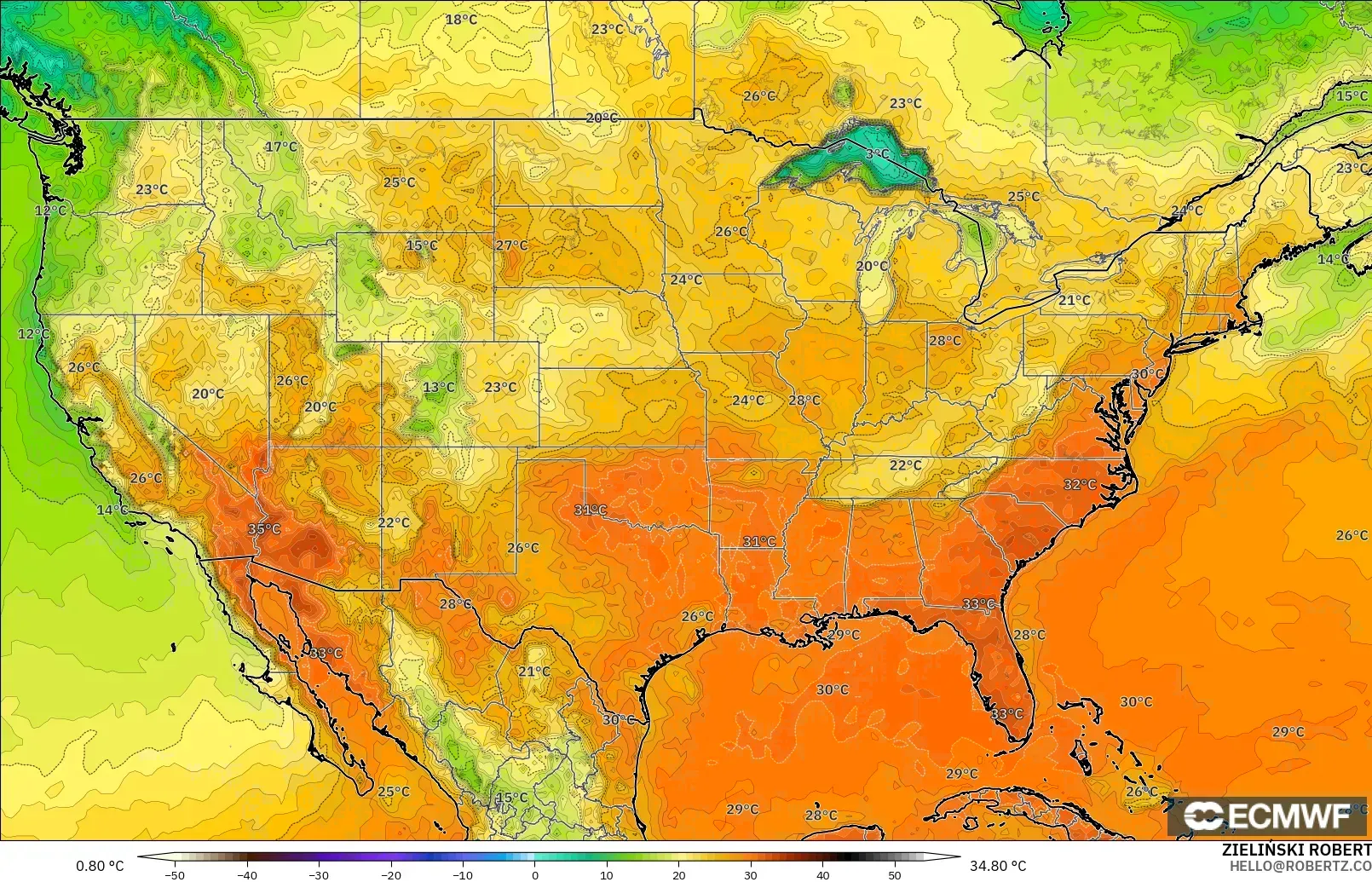 ECMWF IFS 0.25° modelo - Estados Unidos, Temperatura a 2 m