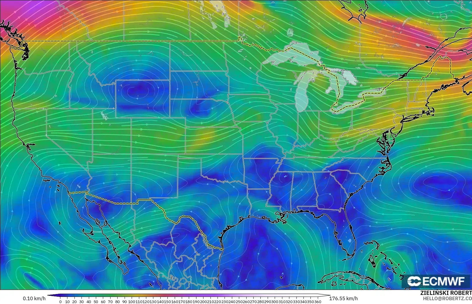 ECMWF IFS 0.25° modelo - Estados Unidos, Viento a 300 hPa (corriente en chorro)