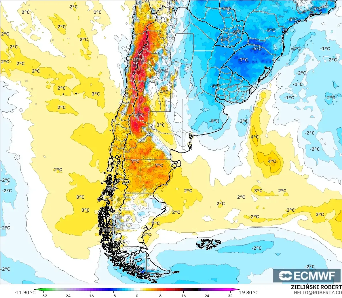 ECMWF IFS 0.25° modelo - Argentina, Anomalía de temperatura a 2 m