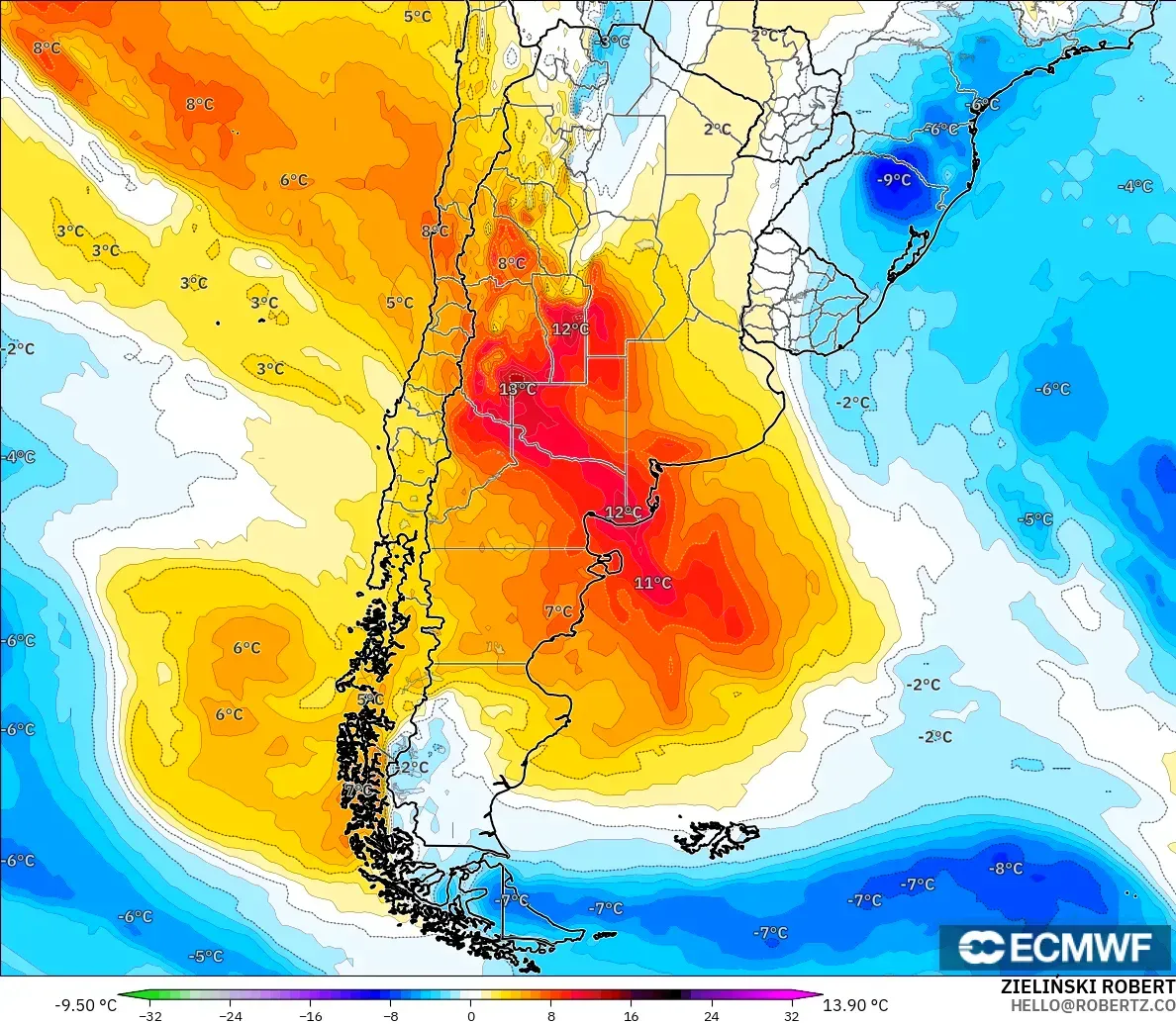 ECMWF IFS 0.25° modelo - Argentina, Anomalía de temperatura a 850 hPa