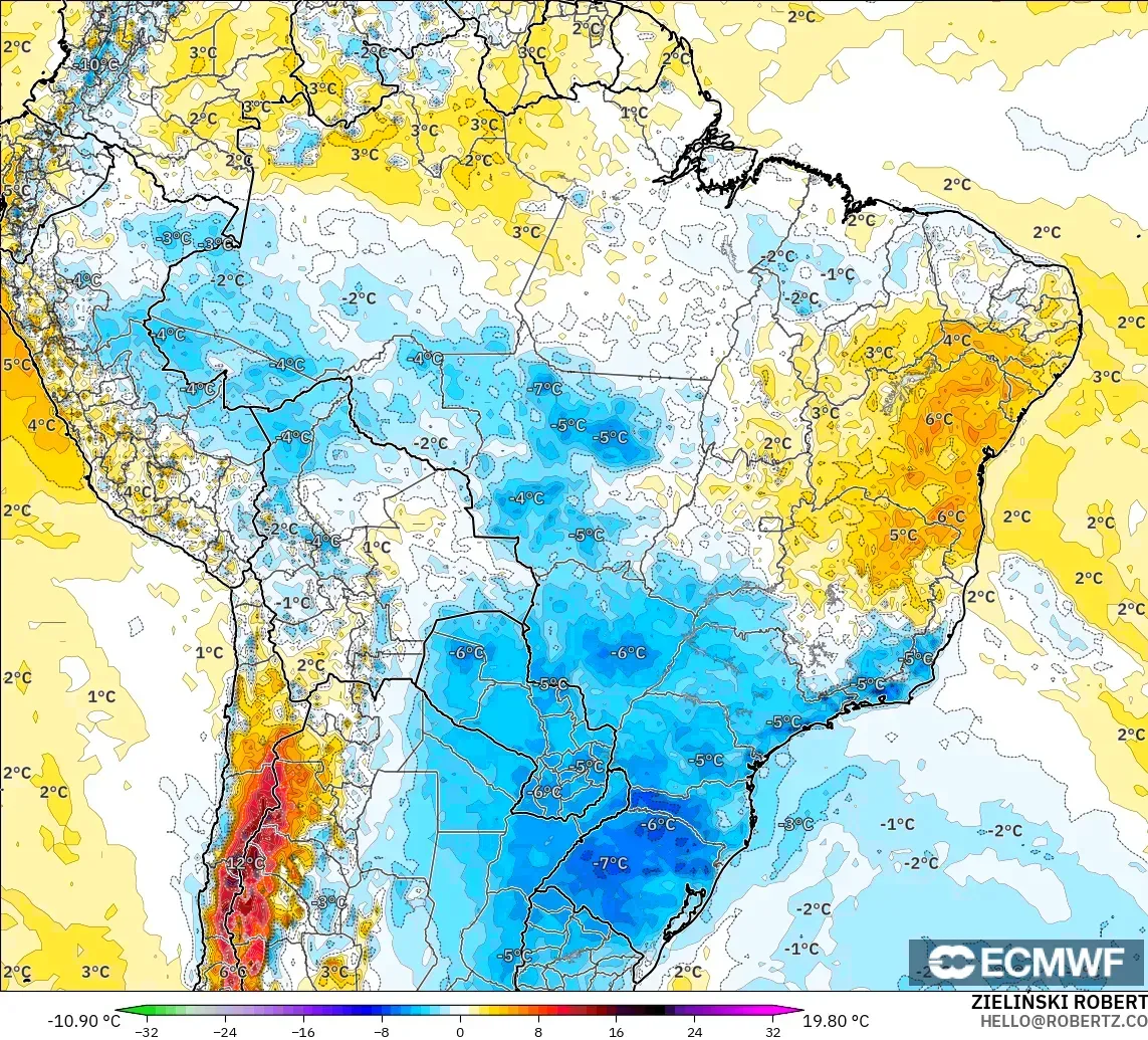 ECMWF IFS 0.25° modelo - Brasil, Anomalía de temperatura a 2 m