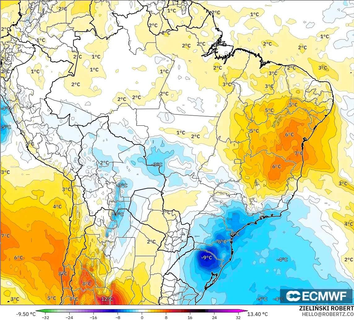 ECMWF IFS 0.25° modelo - Brasil, Anomalía de temperatura a 850 hPa