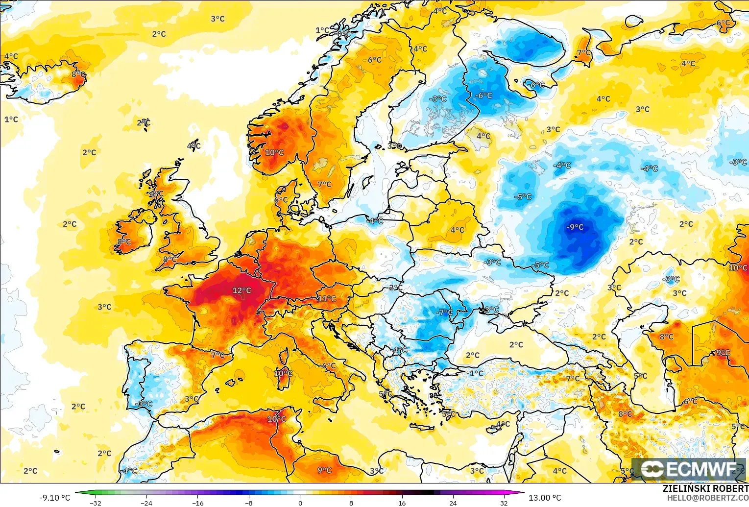 ECMWF IFS 0.25° modelo - Europa, Anomalía de temperatura a 2 m