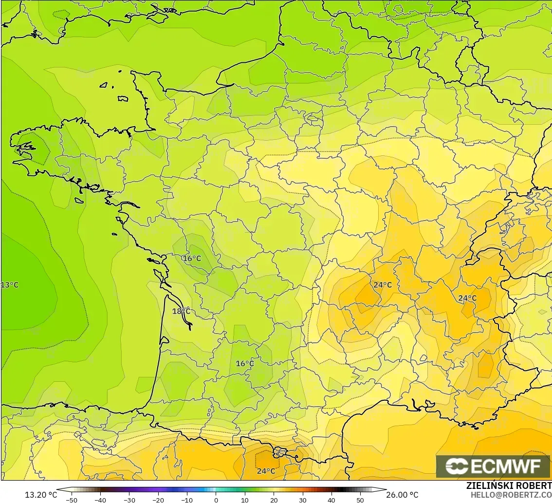 ECMWF IFS 0.25° modelo - Francia, Temperatura a 850 hPa