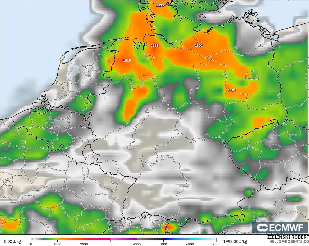 ECMWF IFS 0.25° modelo - Alemania, CAPE