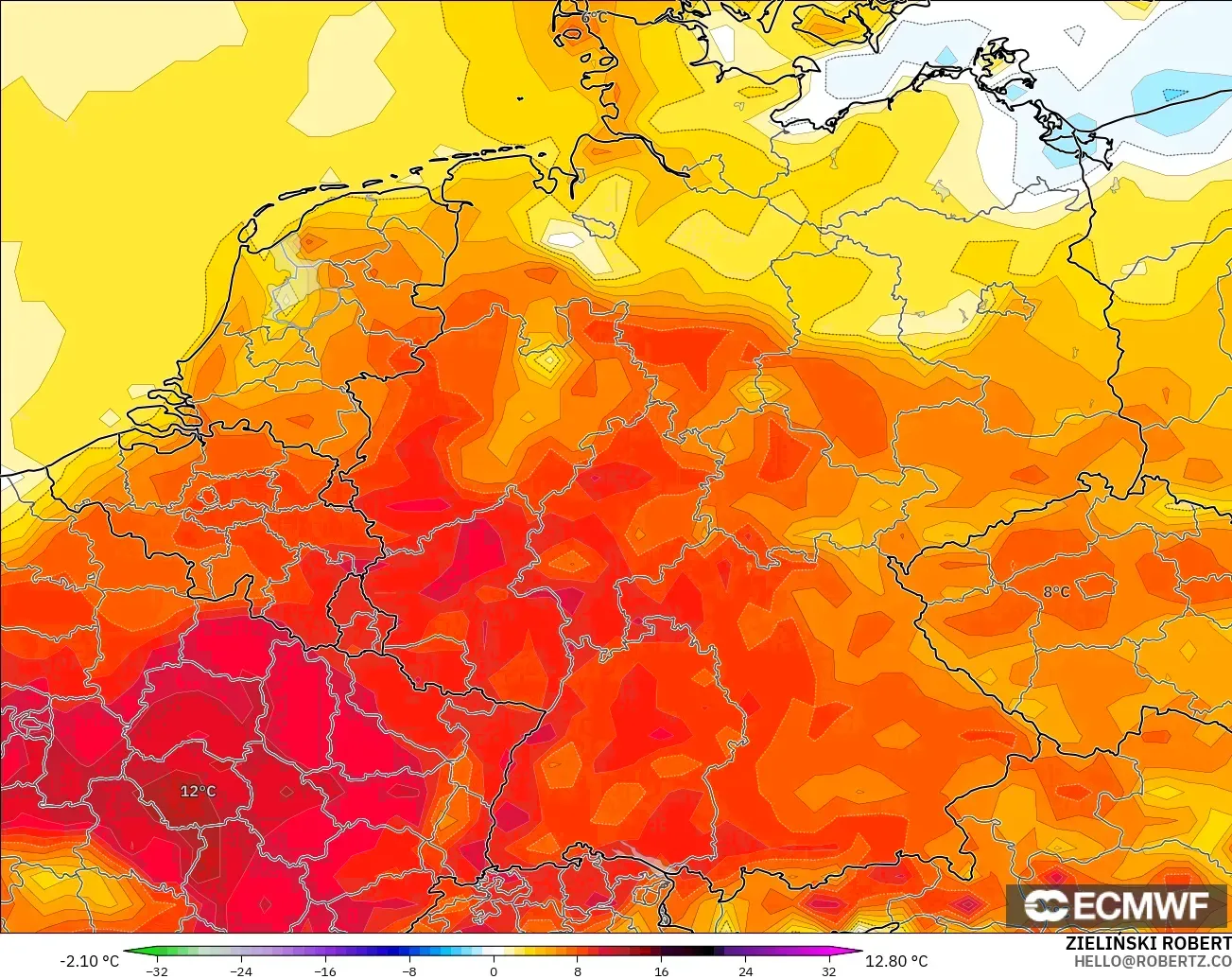 ECMWF IFS 0.25° modelo - Alemania, Anomalía de temperatura a 2 m