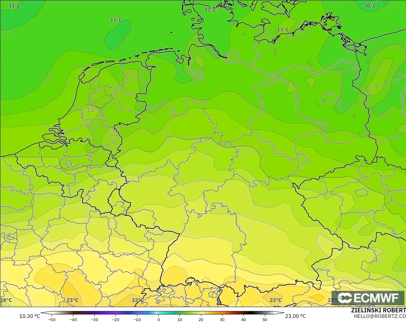ECMWF IFS 0.25° modelo - Alemania, Temperatura a 850 hPa