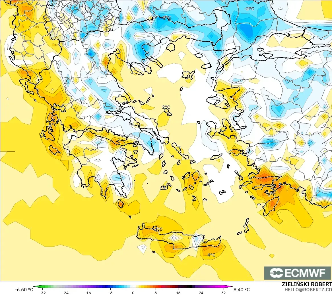 ECMWF IFS 0.25° modelo - Grecia, Anomalía de temperatura a 2 m