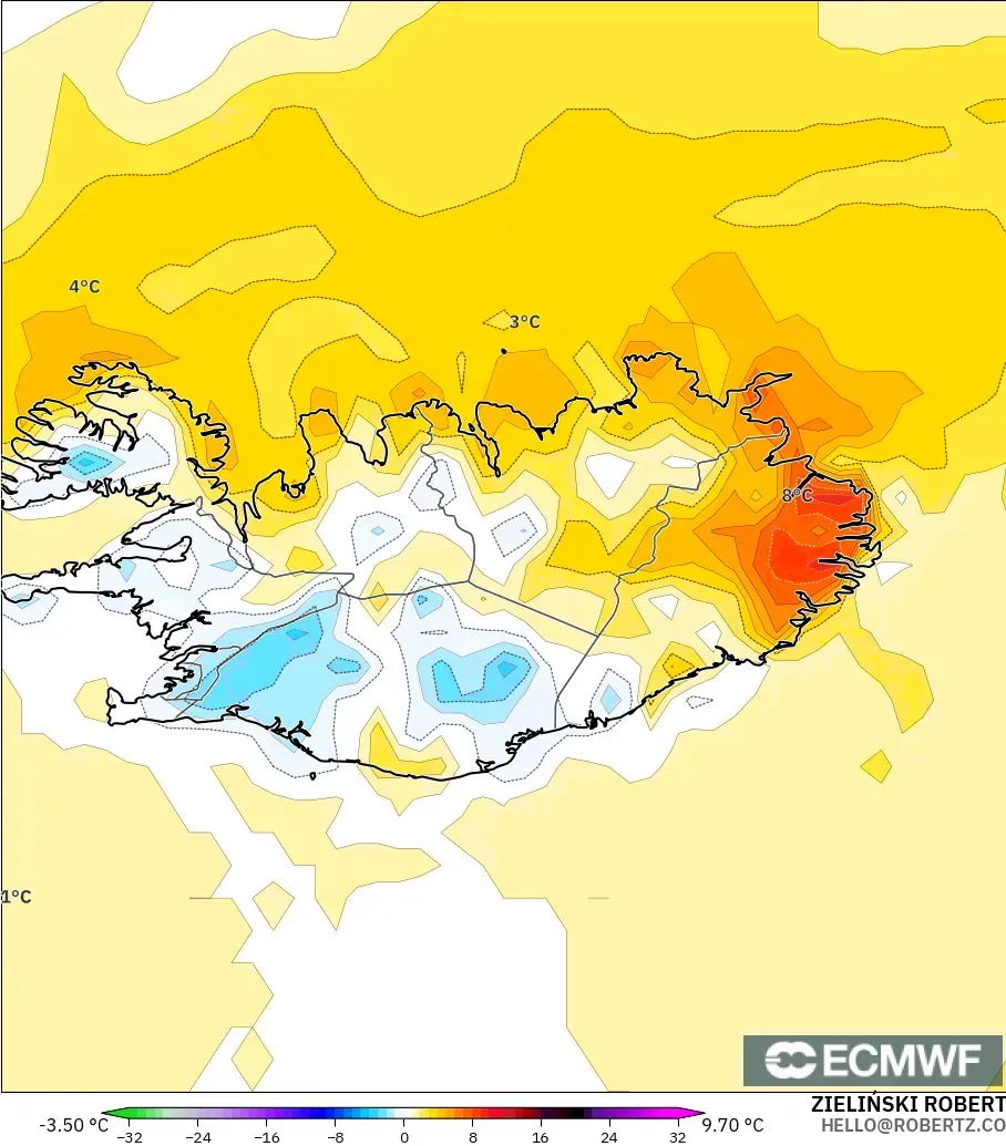 ECMWF IFS 0.25° modelo - Islandia, Anomalía de temperatura a 2 m