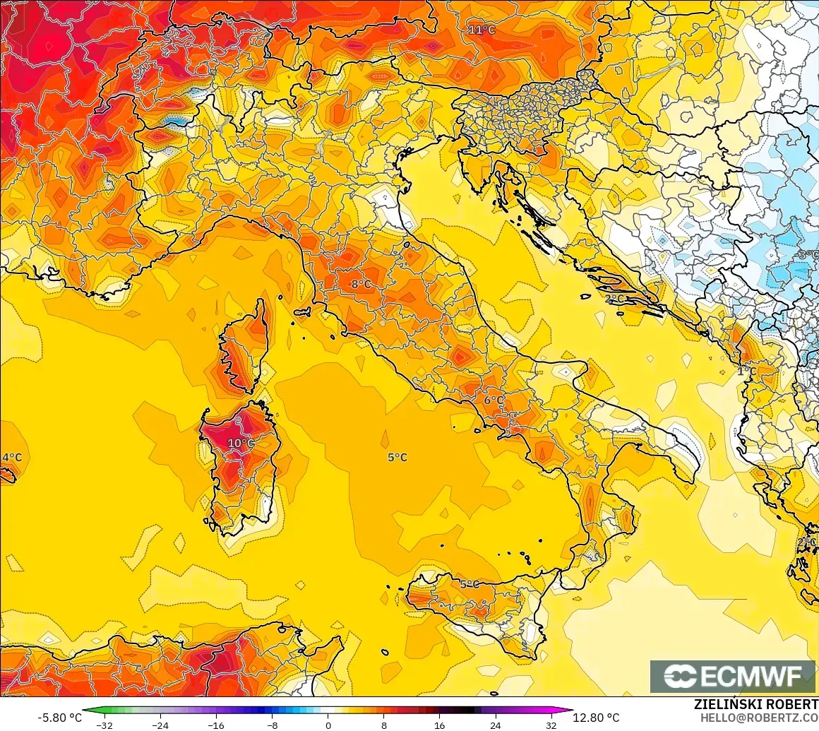 ECMWF IFS 0.25° modelo - Italia, Anomalía de temperatura a 2 m