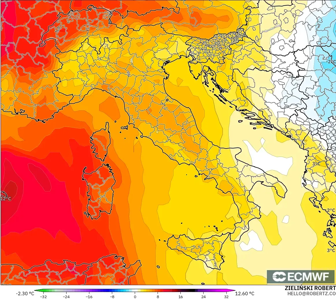 ECMWF IFS 0.25° modelo - Italia, Anomalía de temperatura a 850 hPa