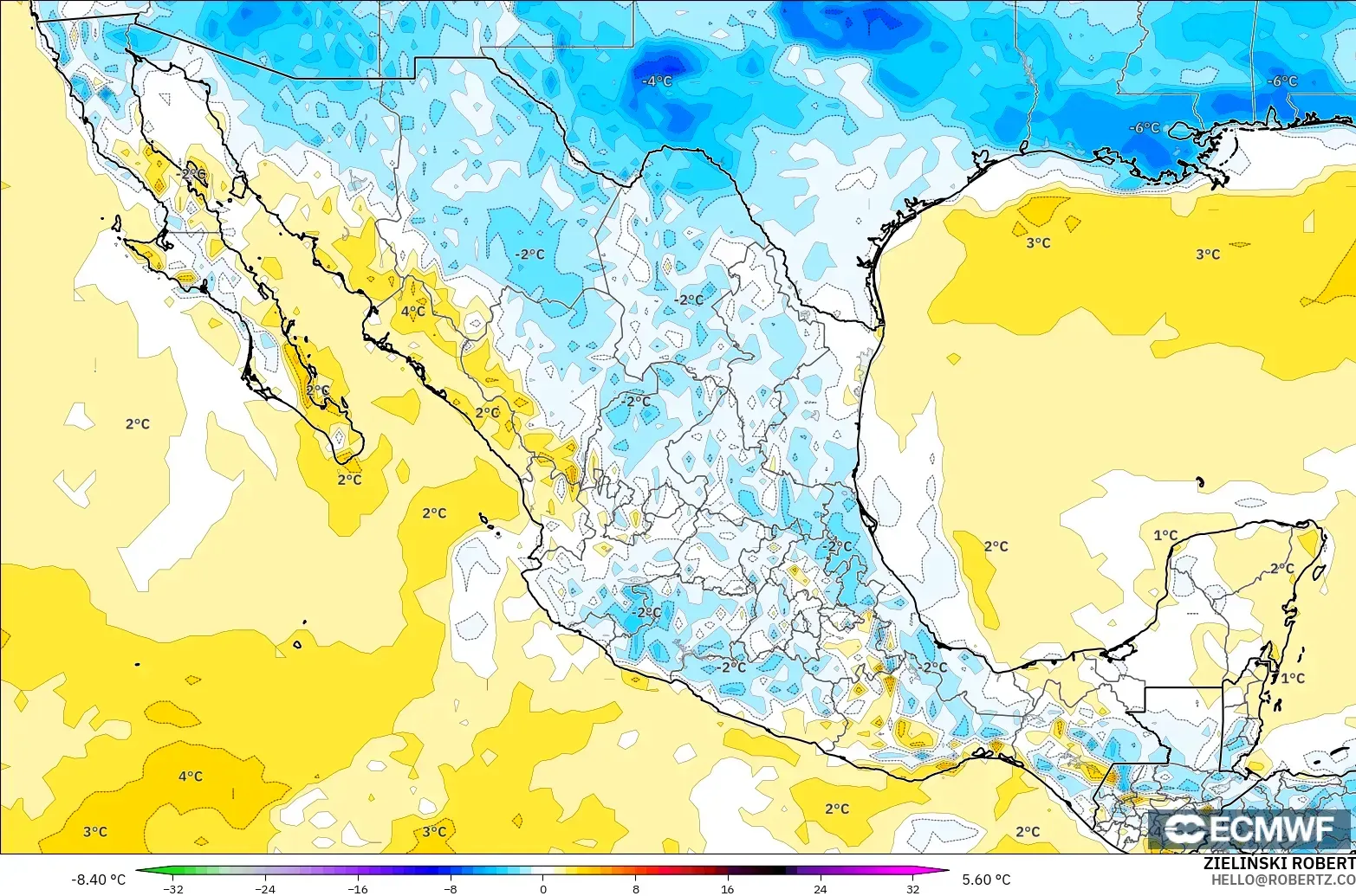 ECMWF IFS 0.25° modelo - México, Anomalía de temperatura a 2 m