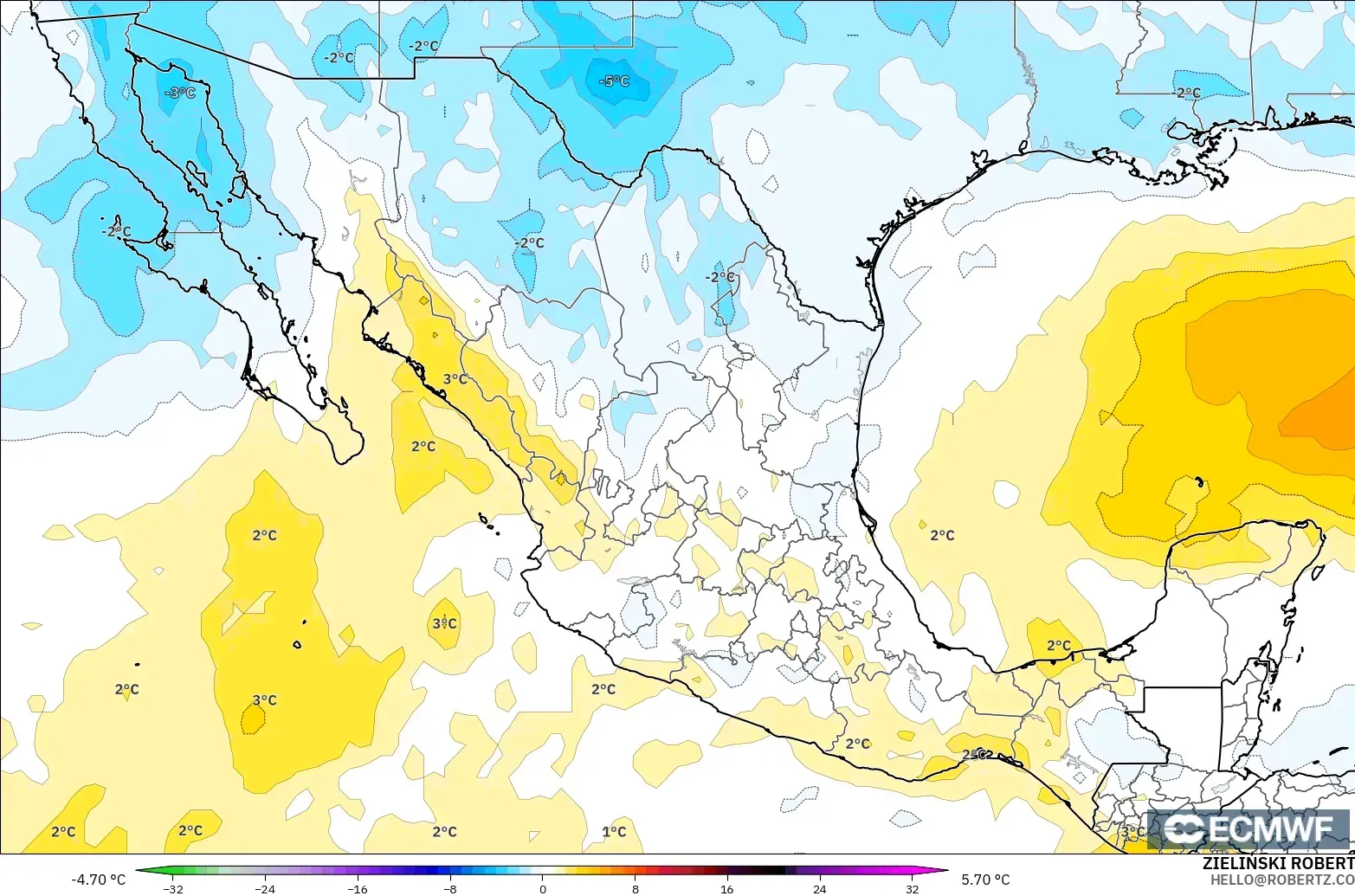 ECMWF IFS 0.25° modelo - México, Anomalía de temperatura a 850 hPa
