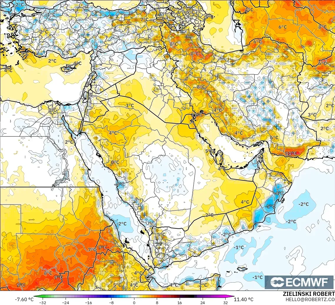ECMWF IFS 0.25° modelo - Oriente Medio, Anomalía de temperatura a 2 m