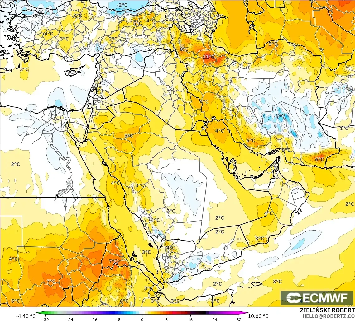ECMWF IFS 0.25° modelo - Oriente Medio, Anomalía de temperatura a 850 hPa
