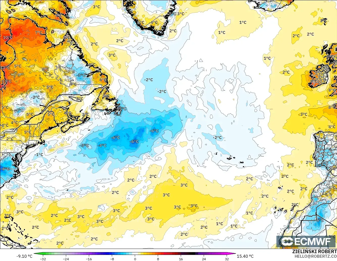 ECMWF IFS 0.25° modelo - Norte Atlántico, Anomalía de temperatura a 2 m